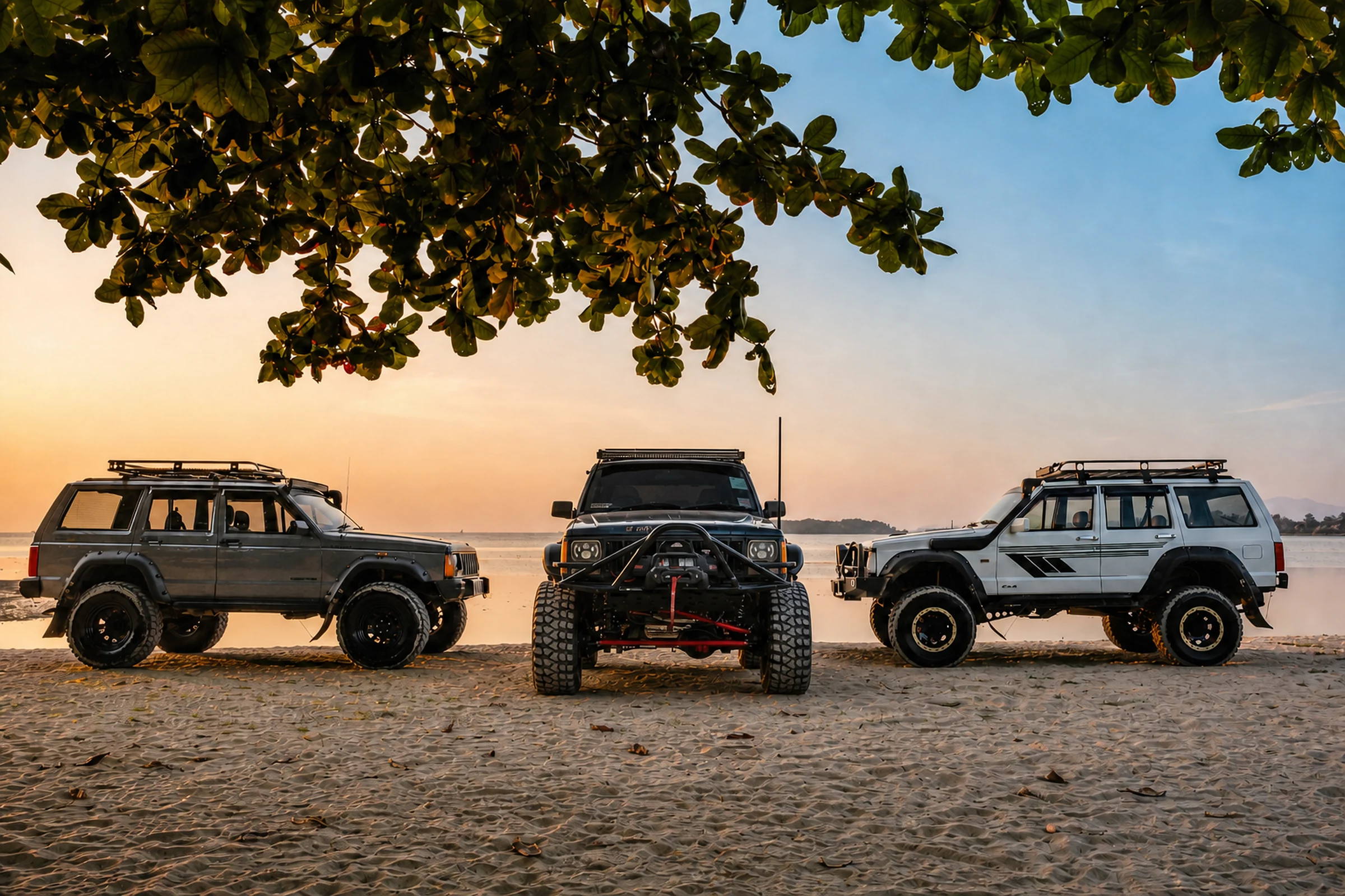 Grey Ghost, Green Hulk and White Samurai modified Jeeps together beside the sea on Koh Samui