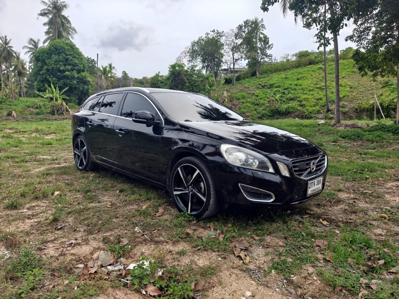 Black Volvo V60 front three-quarter view beneath tropical trees