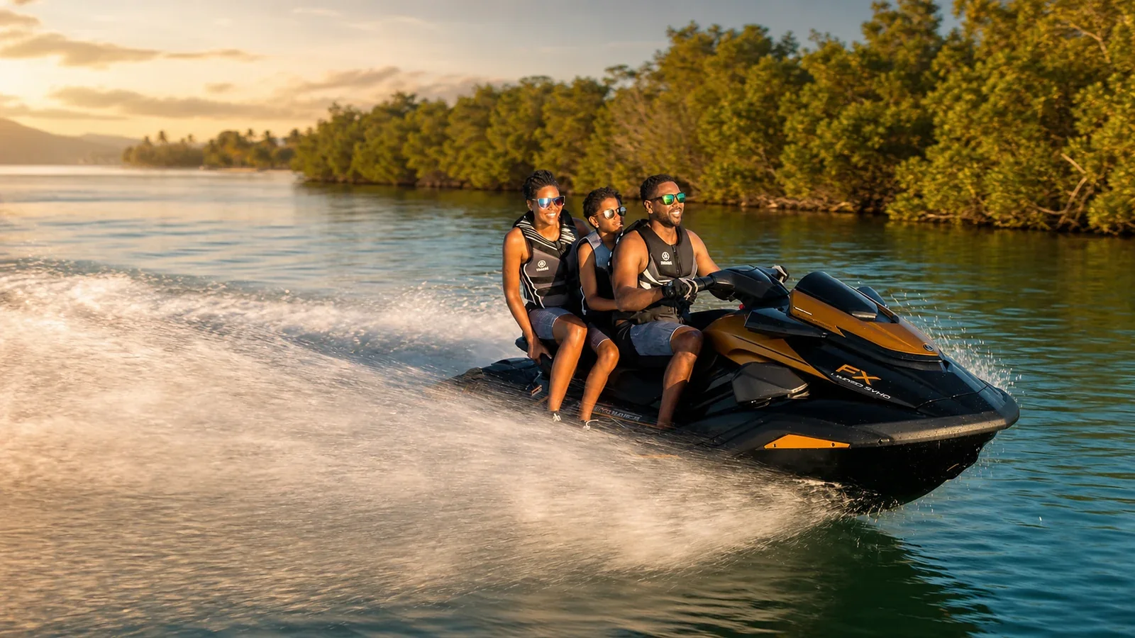 Trois passagers en gilets de sauvetage sur un Yamaha FX SVHO