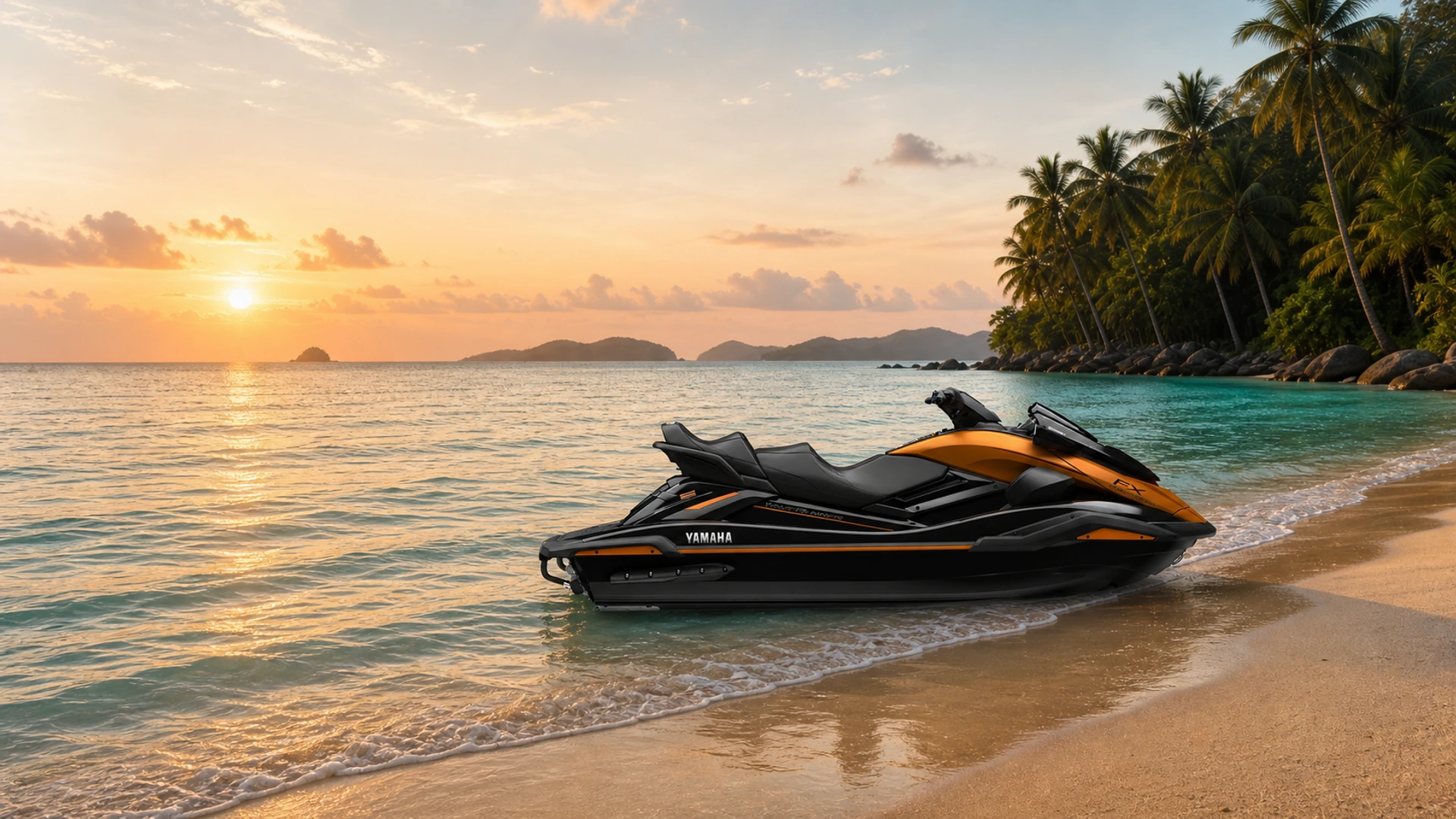 Yamaha FX WaveRunner an einem tropischen Strand bei Sonnenuntergang