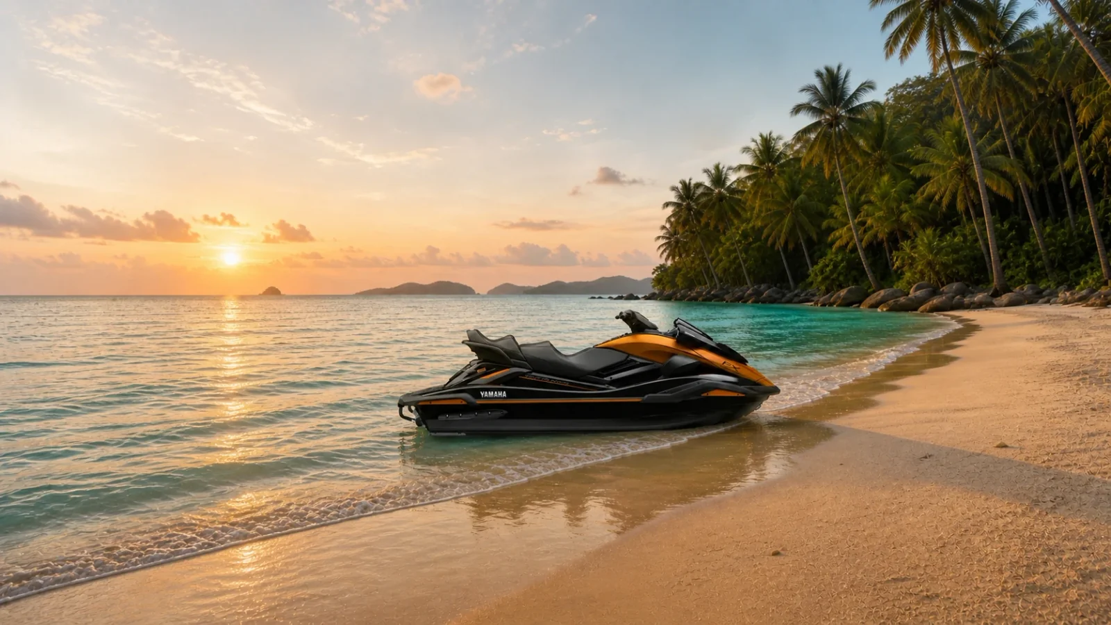 Yamaha FX WaveRunner en una playa tropical al atardecer